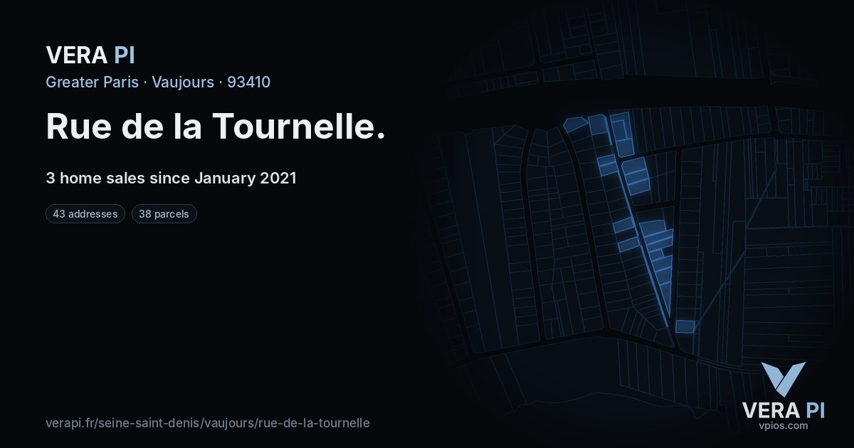 Rue de la Tournelle, Vaujours at night – every parcel coloured by the prices around it, the street's own parcels lit