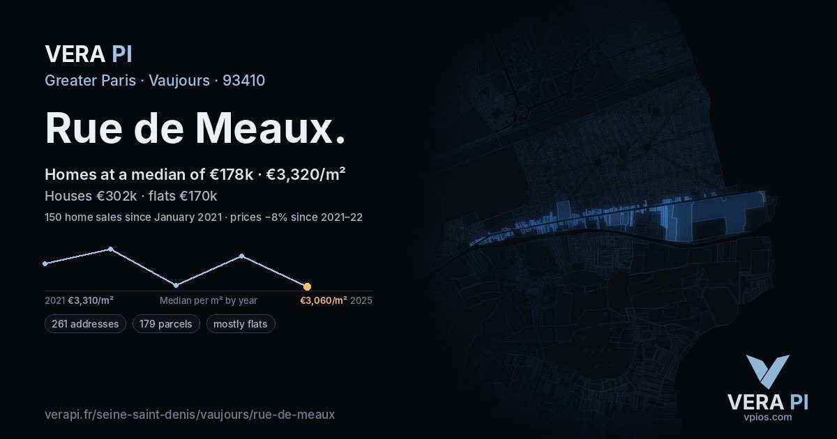 Rue de Meaux, Vaujours at night – every parcel coloured by the prices around it, the street's own parcels lit