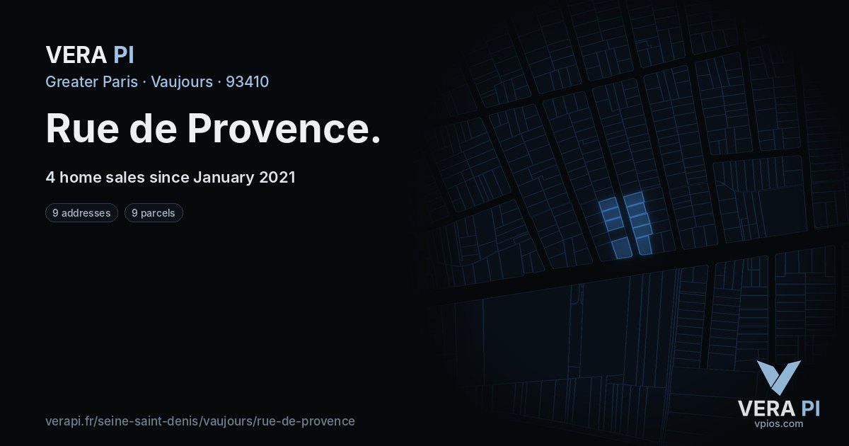 Rue de Provence, Vaujours at night – every parcel coloured by the prices around it, the street's own parcels lit