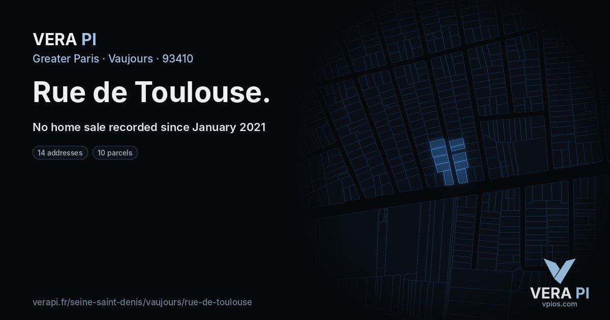 Rue de Toulouse, Vaujours at night – every parcel coloured by the prices around it, the street's own parcels lit