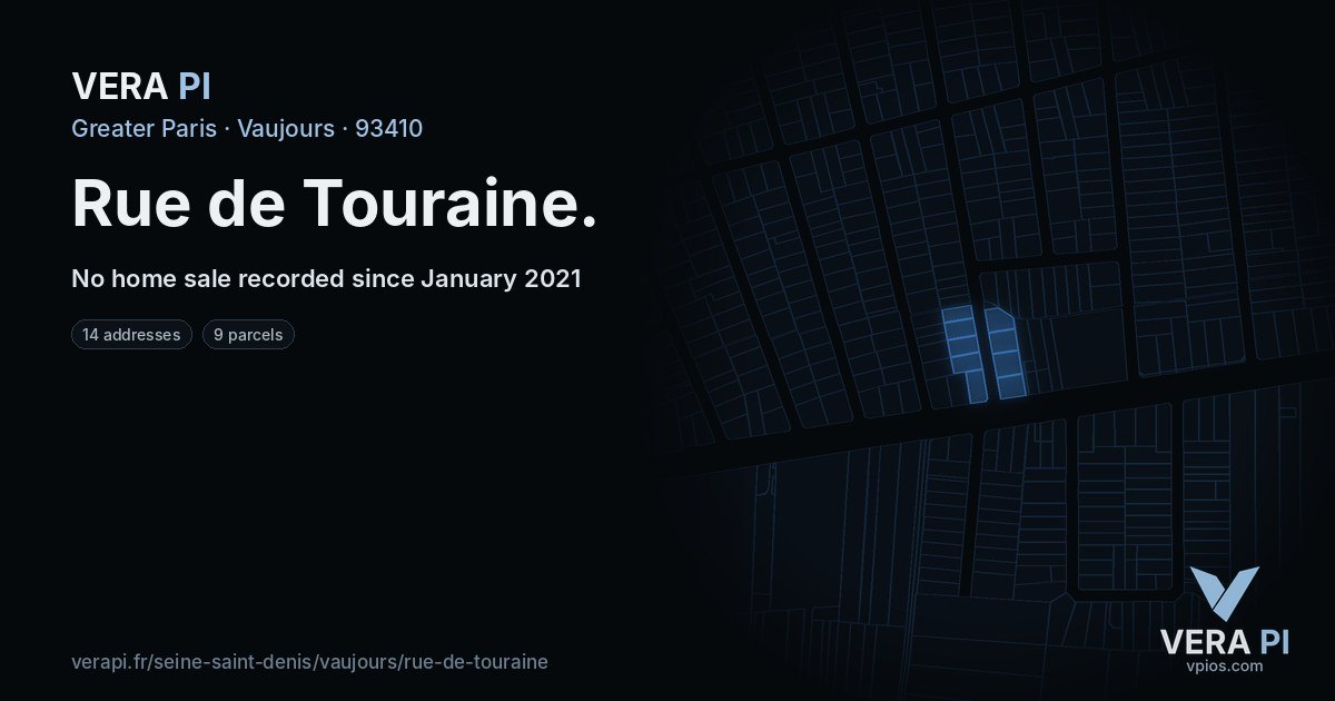 Rue de Touraine, Vaujours at night – every parcel coloured by the prices around it, the street's own parcels lit