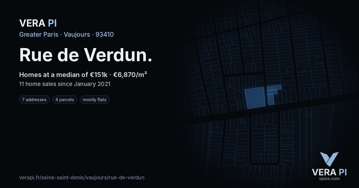 Rue de Verdun, Vaujours at night – every parcel coloured by the prices around it, the street's own parcels lit