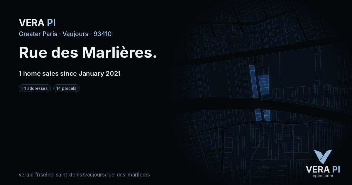 Rue des Marlières, Vaujours at night – every parcel coloured by the prices around it, the street's own parcels lit