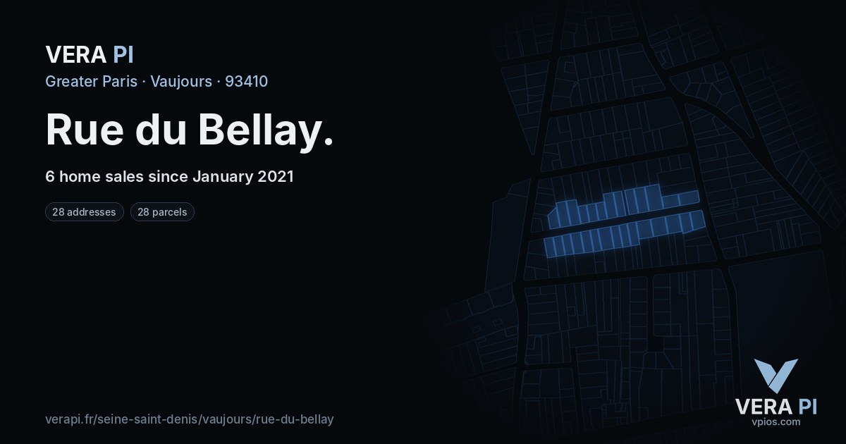 Rue du Bellay, Vaujours at night – every parcel coloured by the prices around it, the street's own parcels lit