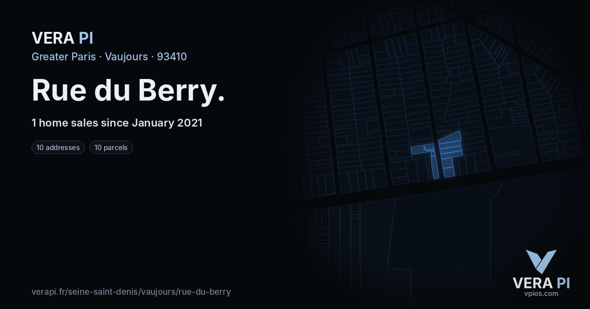 Rue du Berry, Vaujours at night – every parcel coloured by the prices around it, the street's own parcels lit
