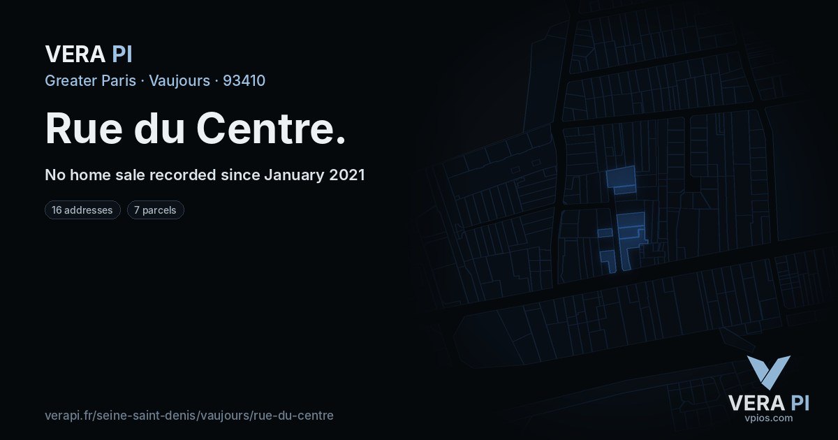 Rue du Centre, Vaujours at night – every parcel coloured by the prices around it, the street's own parcels lit