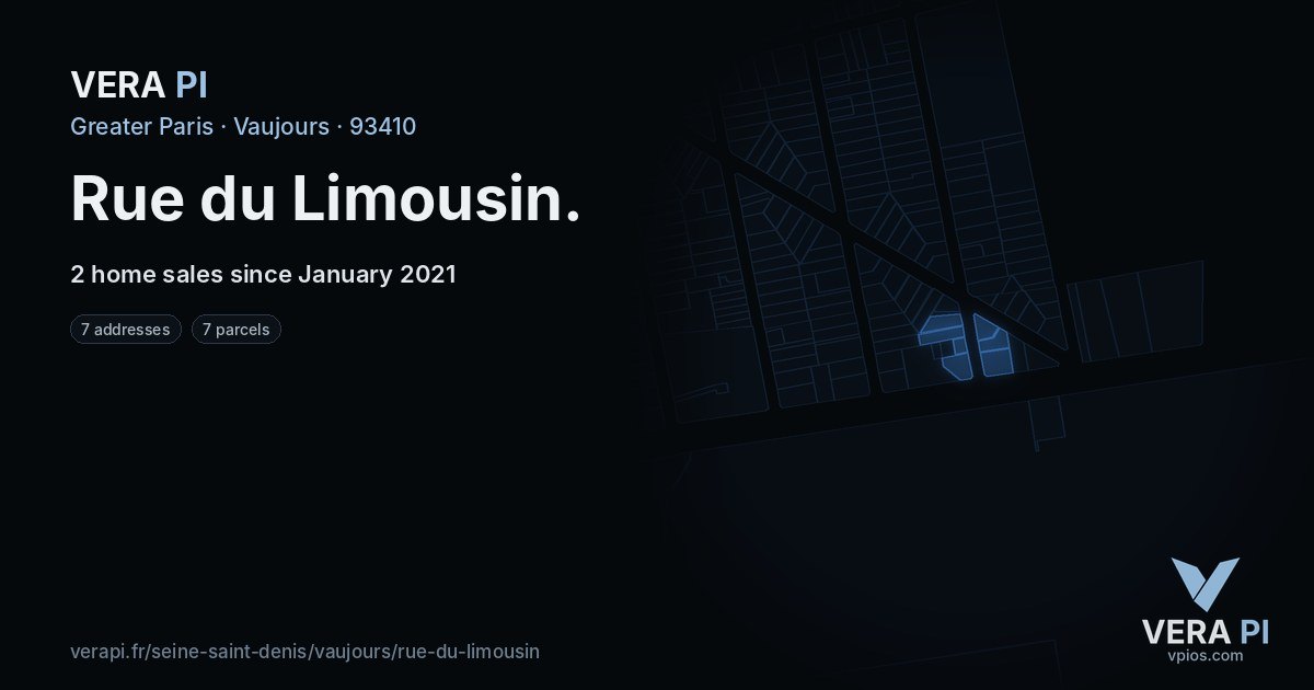 Rue du Limousin, Vaujours at night – every parcel coloured by the prices around it, the street's own parcels lit