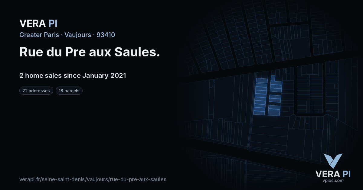 Rue du Pre aux Saules, Vaujours at night – every parcel coloured by the prices around it, the street's own parcels lit