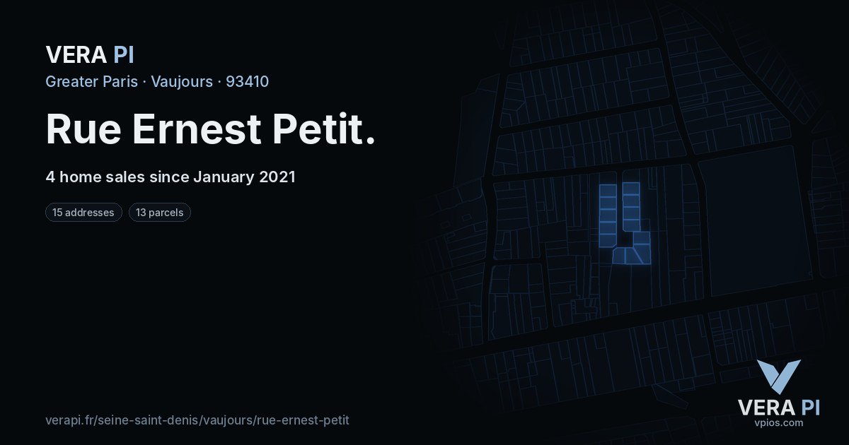 Rue Ernest Petit, Vaujours at night – every parcel coloured by the prices around it, the street's own parcels lit