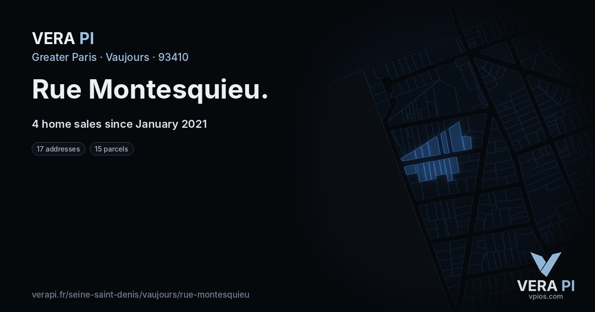 Rue Montesquieu, Vaujours at night – every parcel coloured by the prices around it, the street's own parcels lit