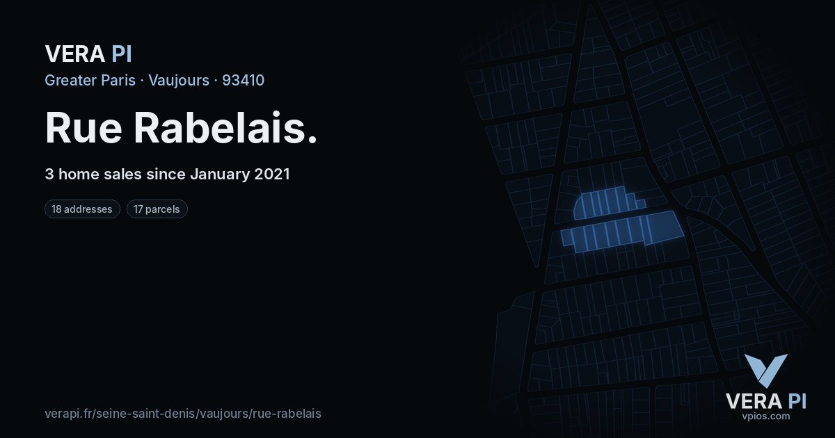 Rue Rabelais, Vaujours at night – every parcel coloured by the prices around it, the street's own parcels lit