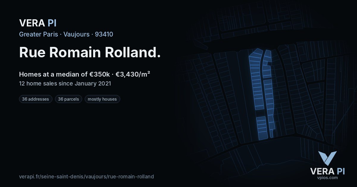 Rue Romain Rolland, Vaujours at night – every parcel coloured by the prices around it, the street's own parcels lit