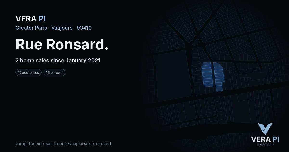 Rue Ronsard, Vaujours at night – every parcel coloured by the prices around it, the street's own parcels lit
