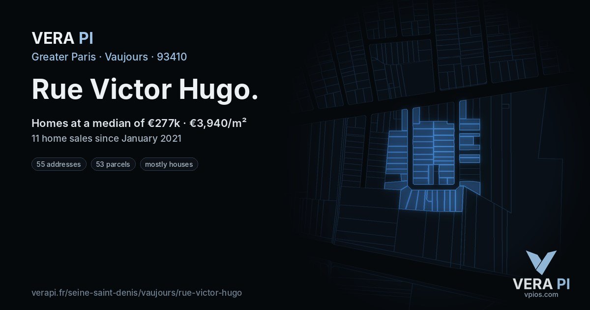 Rue Victor Hugo, Vaujours at night – every parcel coloured by the prices around it, the street's own parcels lit