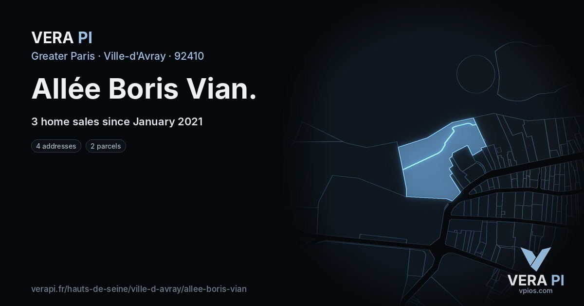 Allée Boris Vian, Ville-d'Avray at night – every parcel coloured by the prices around it, the street's own parcels lit
