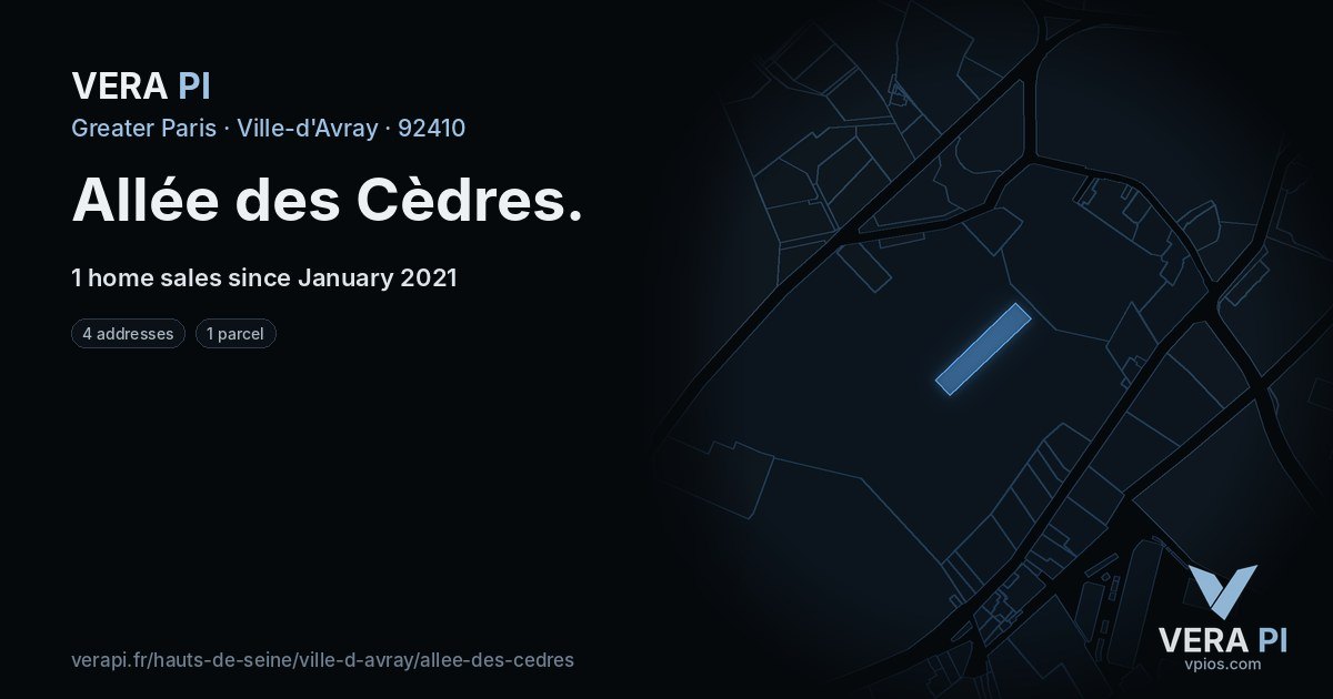 Allée des Cèdres, Ville-d'Avray at night – every parcel coloured by the prices around it, the street's own parcels lit