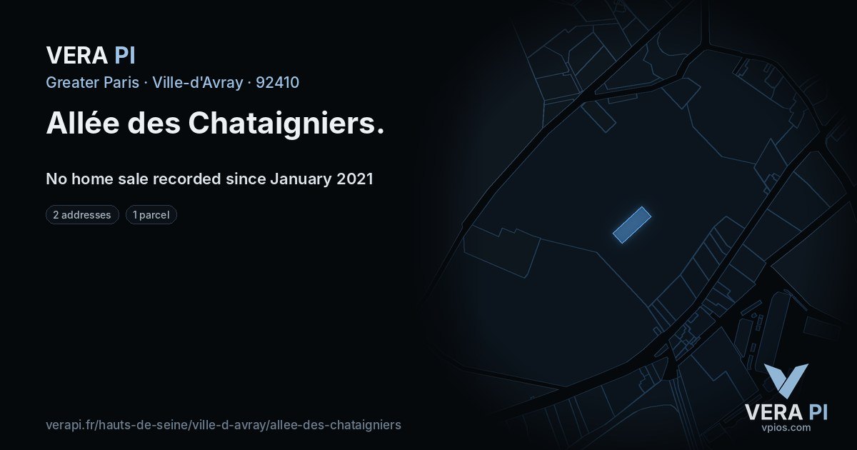 Allée des Chataigniers, Ville-d'Avray at night – every parcel coloured by the prices around it, the street's own parcels lit