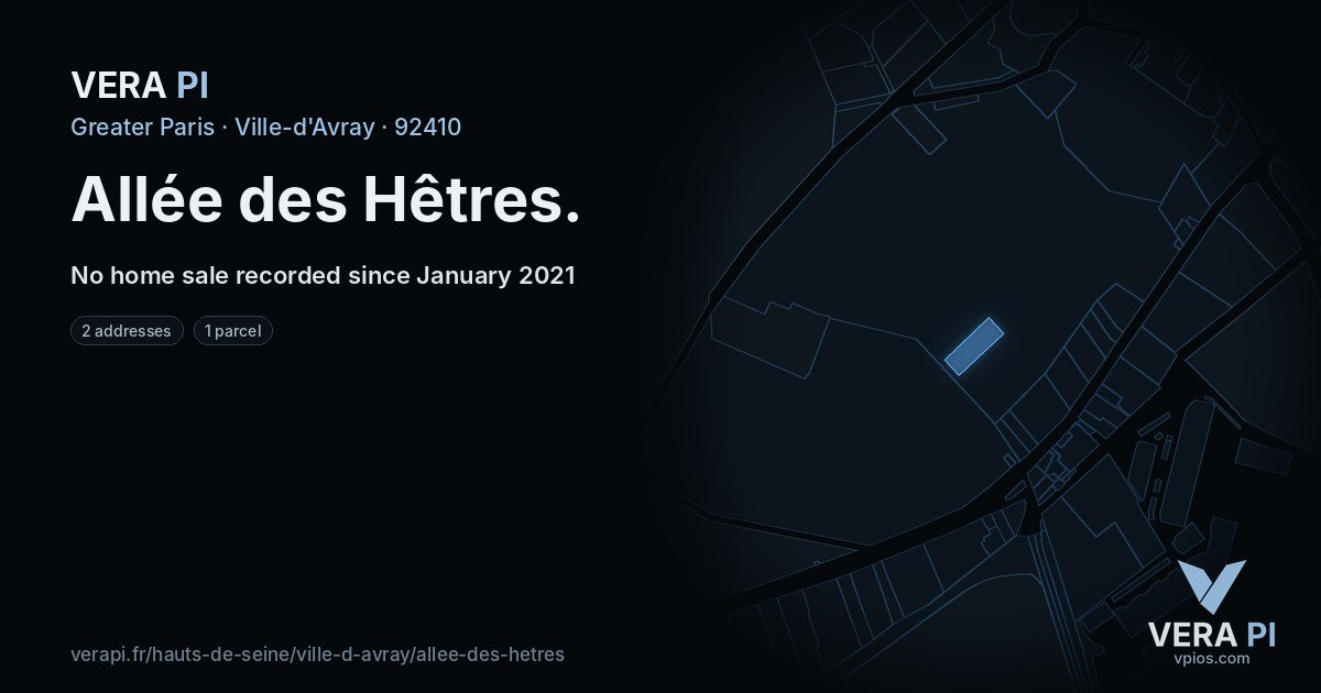Allée des Hêtres, Ville-d'Avray at night – every parcel coloured by the prices around it, the street's own parcels lit