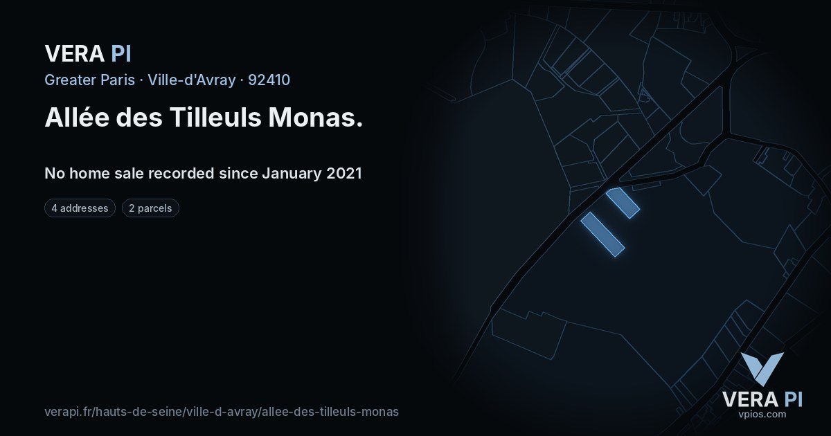 Allée des Tilleuls Monas, Ville-d'Avray at night – every parcel coloured by the prices around it, the street's own parcels lit
