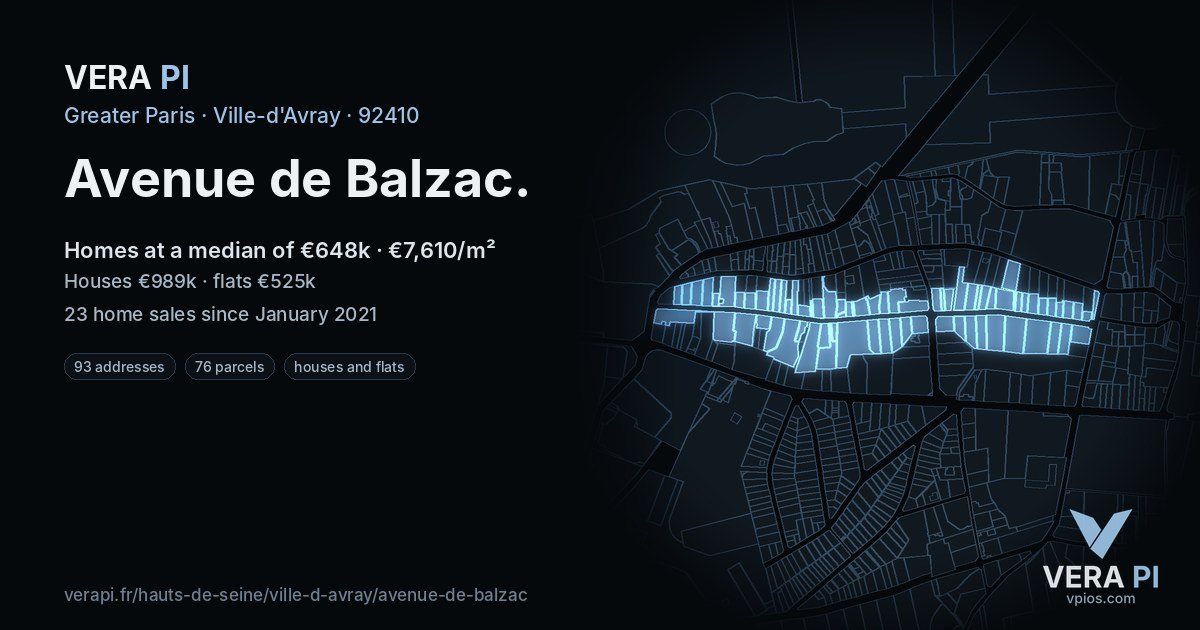 Avenue de Balzac, Ville-d'Avray at night – every parcel coloured by the prices around it, the street's own parcels lit
