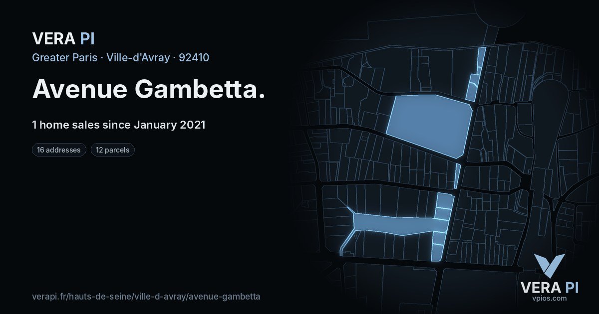 Avenue Gambetta, Ville-d'Avray at night – every parcel coloured by the prices around it, the street's own parcels lit