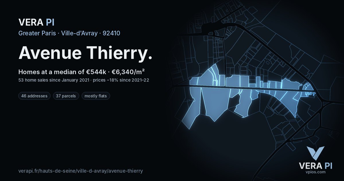 Avenue Thierry, Ville-d'Avray at night – every parcel coloured by the prices around it, the street's own parcels lit