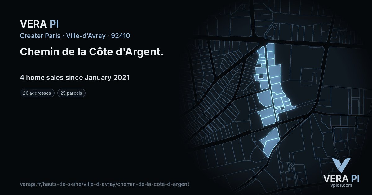 Chemin de la Côte d'Argent, Ville-d'Avray at night – every parcel coloured by the prices around it, the street's own parcels lit
