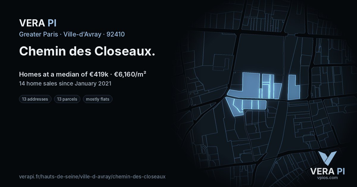 Chemin des Closeaux, Ville-d'Avray at night – every parcel coloured by the prices around it, the street's own parcels lit