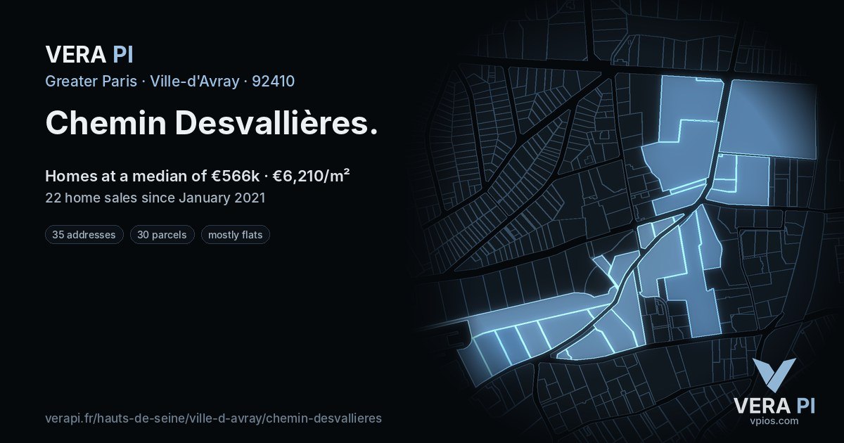 Chemin Desvallières, Ville-d'Avray at night – every parcel coloured by the prices around it, the street's own parcels lit