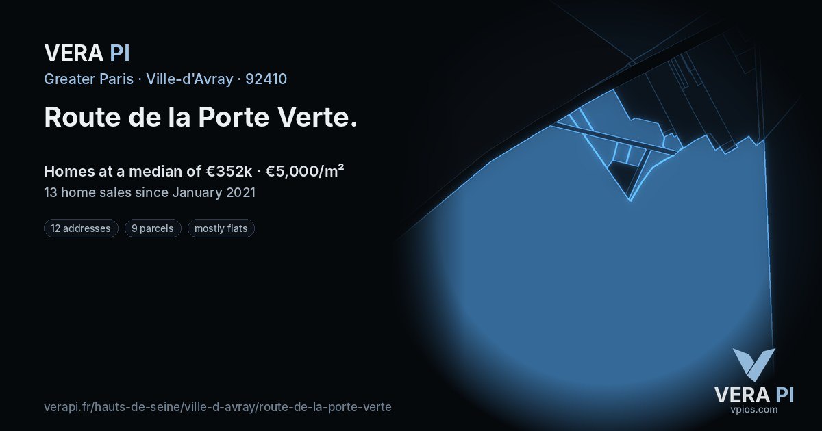 Route de la Porte Verte, Ville-d'Avray at night – every parcel coloured by the prices around it, the street's own parcels lit
