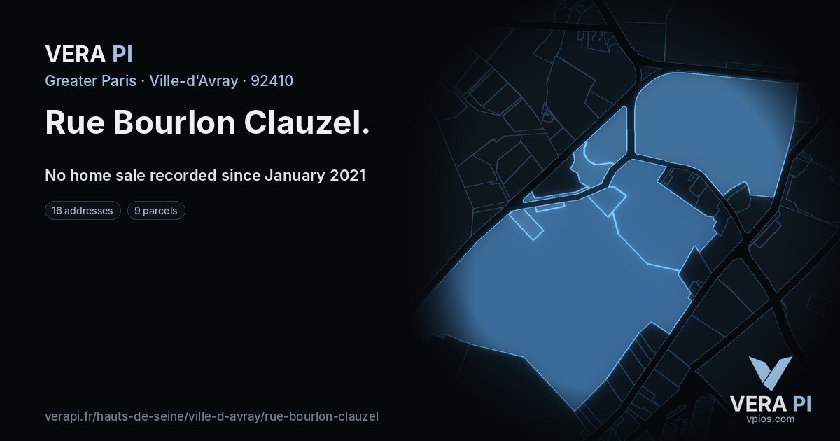 Rue Bourlon Clauzel, Ville-d'Avray at night – every parcel coloured by the prices around it, the street's own parcels lit