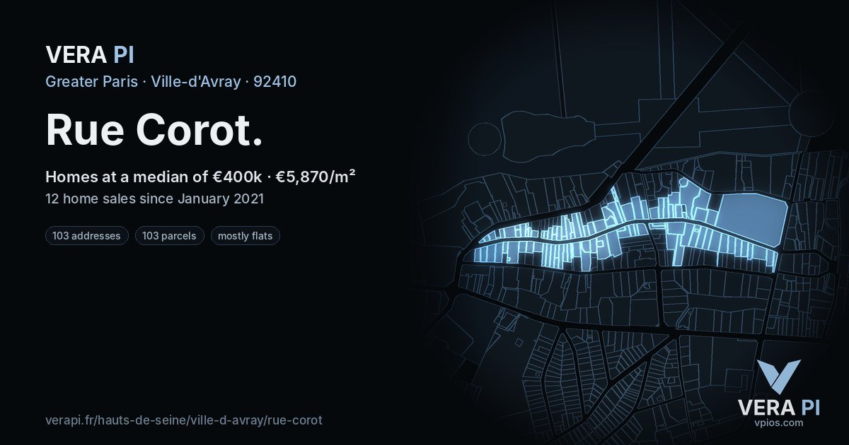Rue Corot, Ville-d'Avray at night – every parcel coloured by the prices around it, the street's own parcels lit