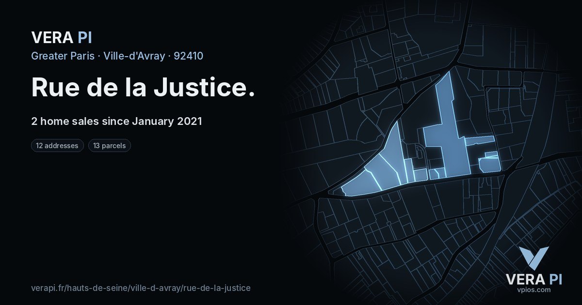 Rue de la Justice, Ville-d'Avray at night – every parcel coloured by the prices around it, the street's own parcels lit
