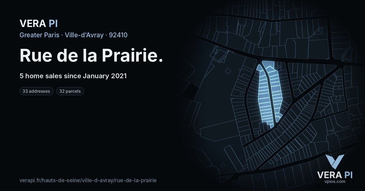 Rue de la Prairie, Ville-d'Avray at night – every parcel coloured by the prices around it, the street's own parcels lit
