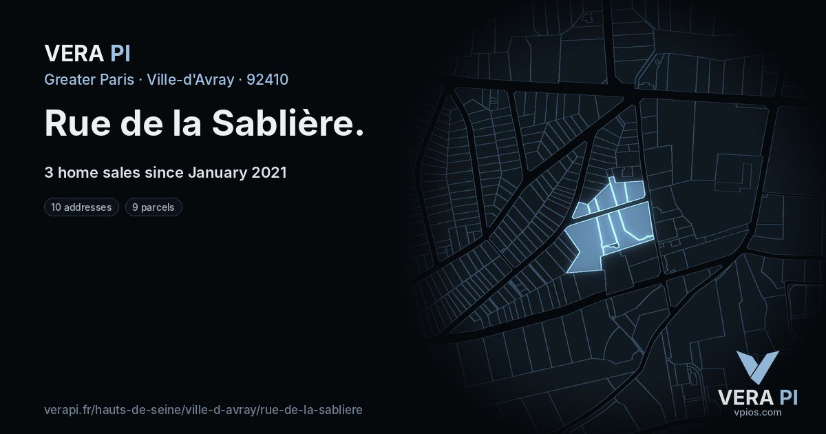 Rue de la Sablière, Ville-d'Avray at night – every parcel coloured by the prices around it, the street's own parcels lit