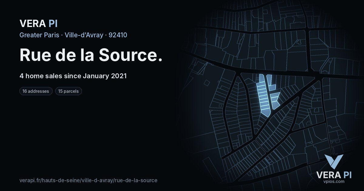Rue de la Source, Ville-d'Avray at night – every parcel coloured by the prices around it, the street's own parcels lit