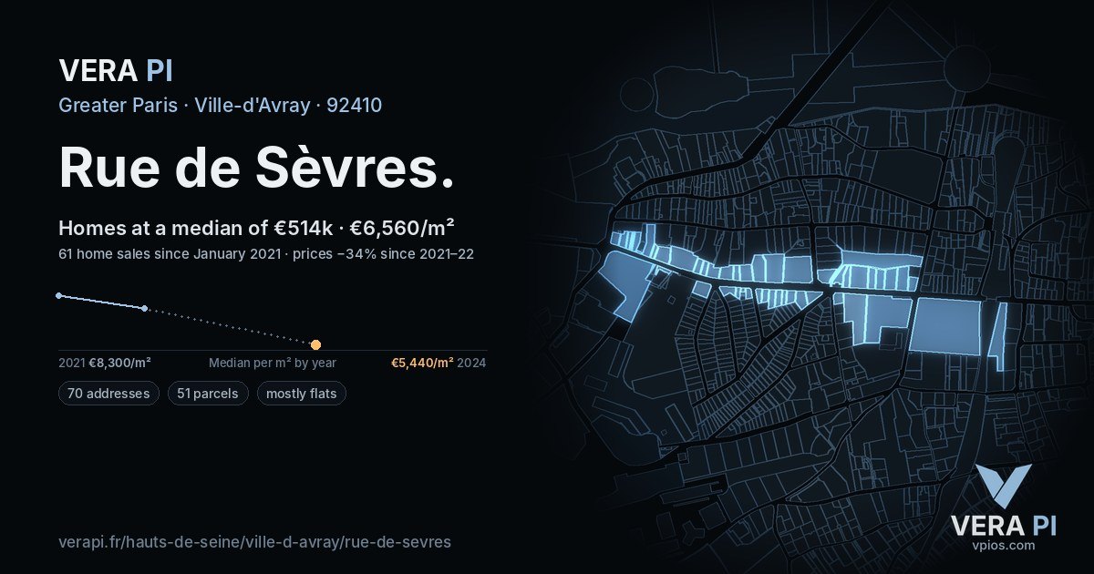 Rue de Sèvres, Ville-d'Avray at night – every parcel coloured by the prices around it, the street's own parcels lit