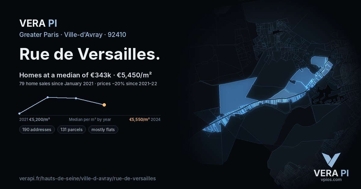 Rue de Versailles, Ville-d'Avray at night – every parcel coloured by the prices around it, the street's own parcels lit