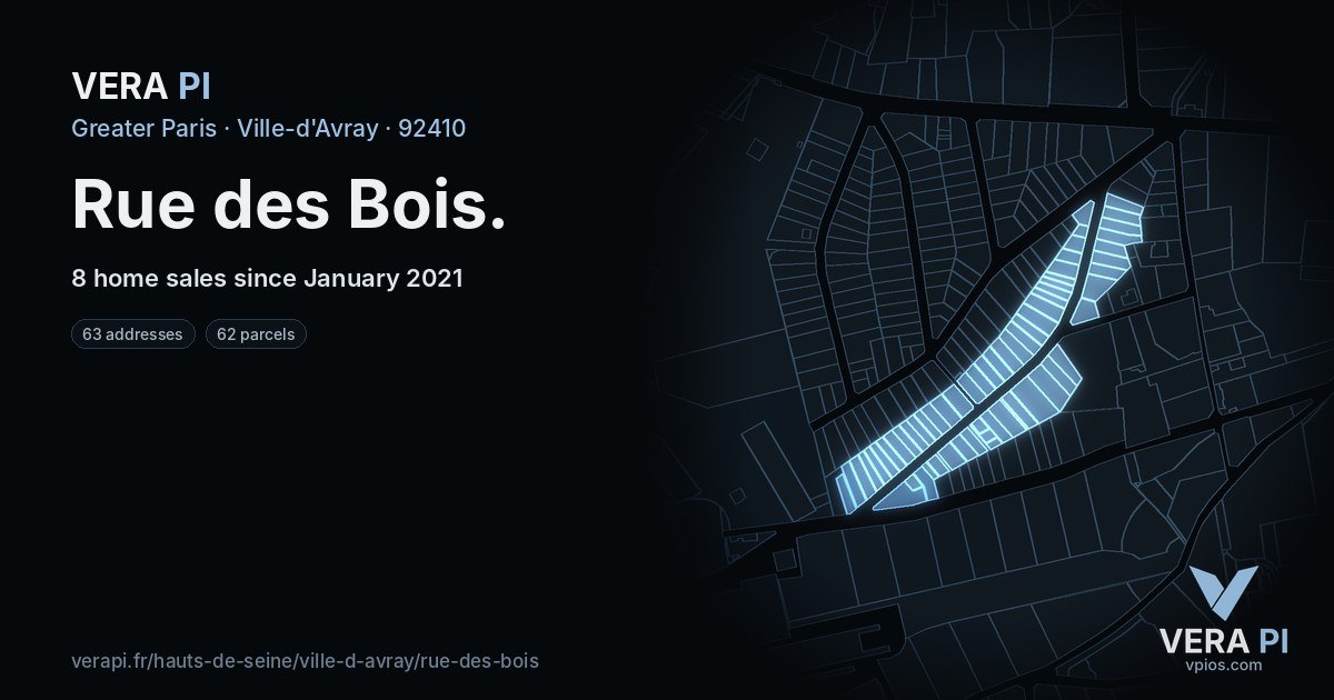 Rue des Bois, Ville-d'Avray at night – every parcel coloured by the prices around it, the street's own parcels lit