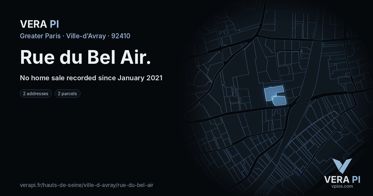 Rue du Bel Air, Ville-d'Avray at night – every parcel coloured by the prices around it, the street's own parcels lit