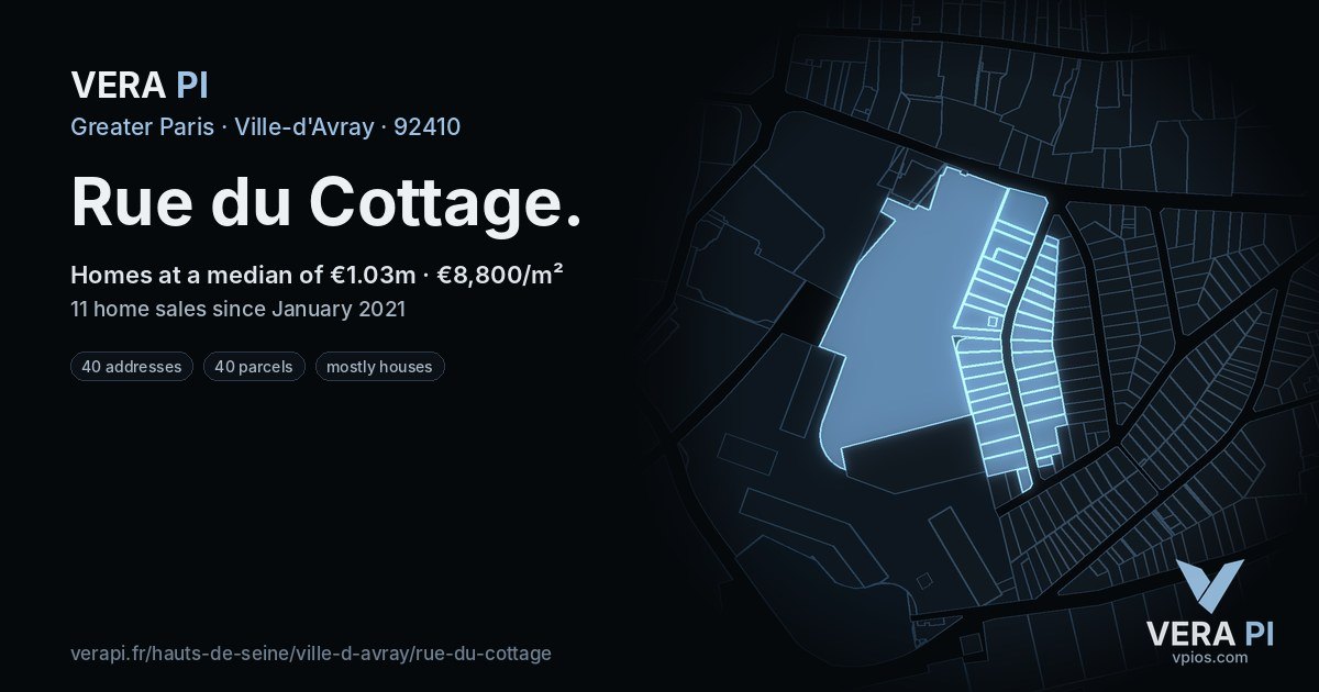 Rue du Cottage, Ville-d'Avray at night – every parcel coloured by the prices around it, the street's own parcels lit