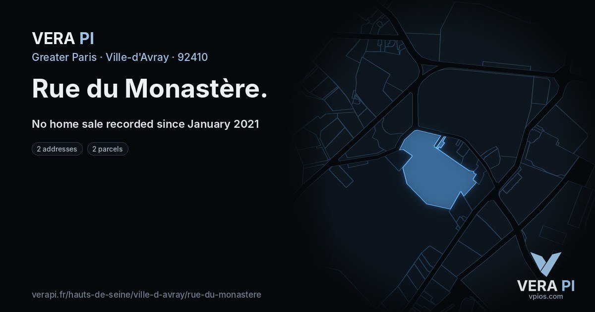 Rue du Monastère, Ville-d'Avray at night – every parcel coloured by the prices around it, the street's own parcels lit