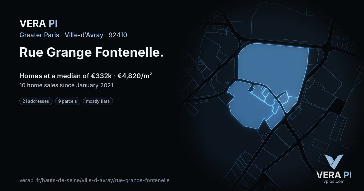 Rue Grange Fontenelle, Ville-d'Avray at night – every parcel coloured by the prices around it, the street's own parcels lit