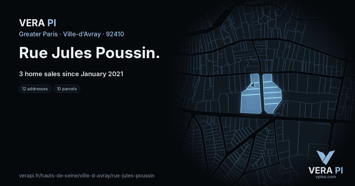 Rue Jules Poussin, Ville-d'Avray at night – every parcel coloured by the prices around it, the street's own parcels lit