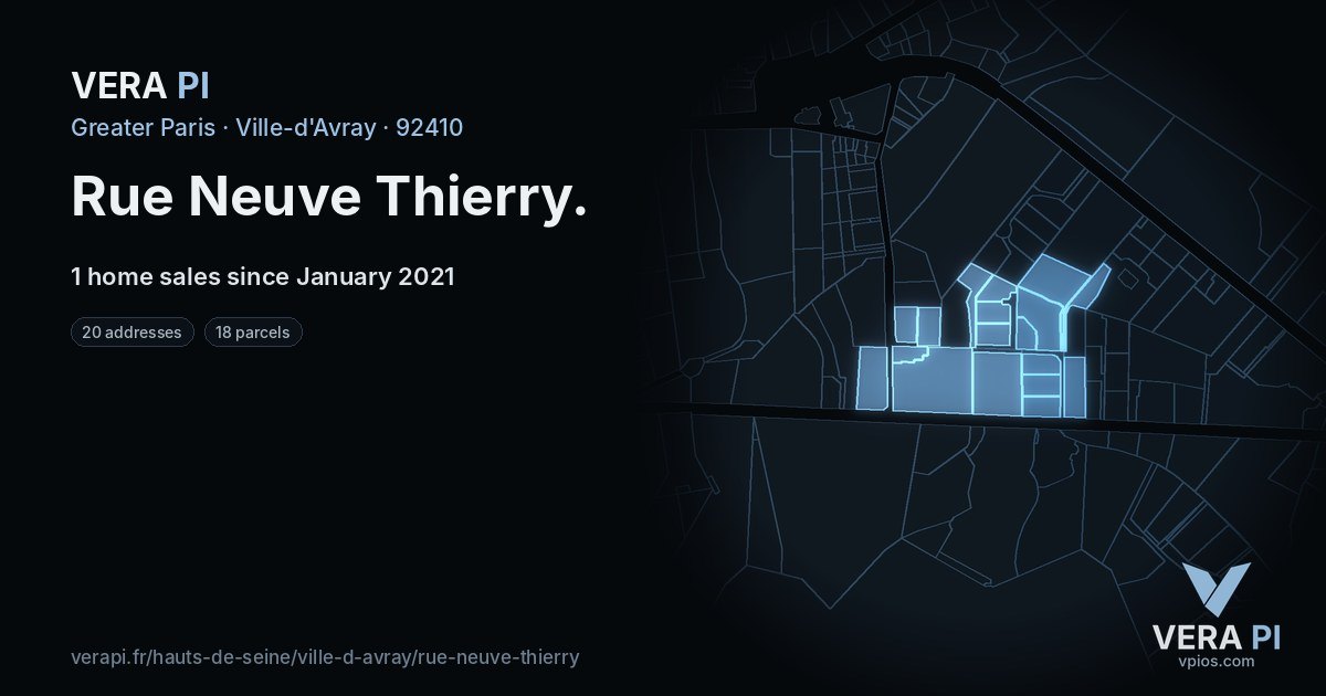 Rue Neuve Thierry, Ville-d'Avray at night – every parcel coloured by the prices around it, the street's own parcels lit