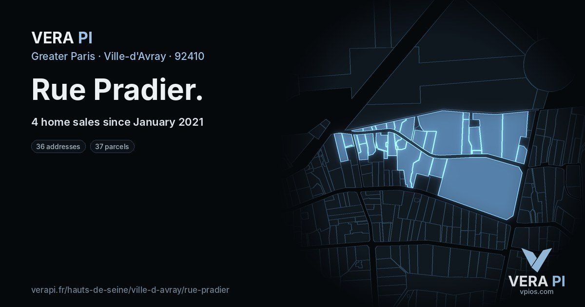 Rue Pradier, Ville-d'Avray at night – every parcel coloured by the prices around it, the street's own parcels lit