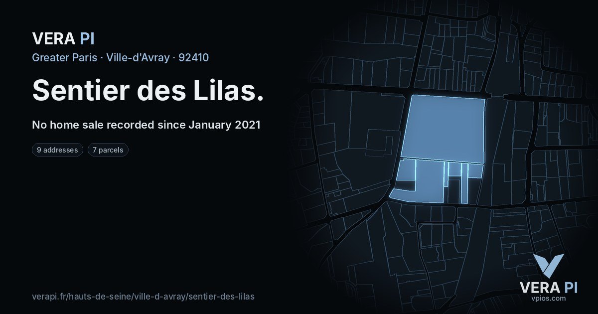 Sentier des Lilas, Ville-d'Avray at night – every parcel coloured by the prices around it, the street's own parcels lit