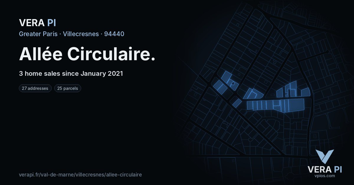 Allée Circulaire, Villecresnes at night – every parcel coloured by the prices around it, the street's own parcels lit