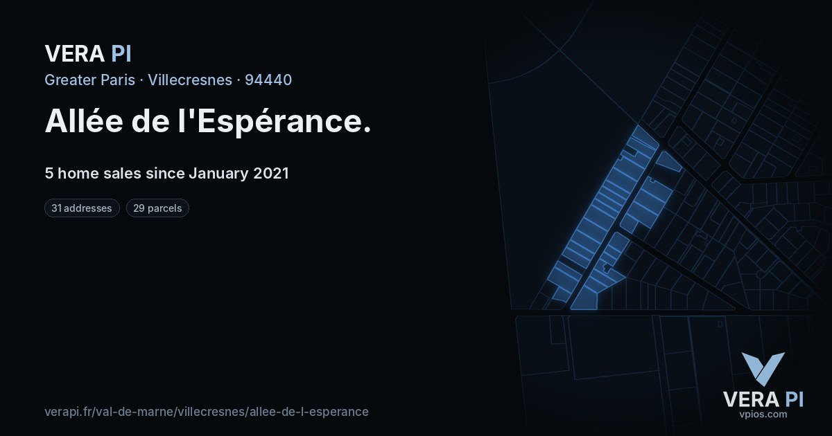 Allée de l'Espérance, Villecresnes at night – every parcel coloured by the prices around it, the street's own parcels lit
