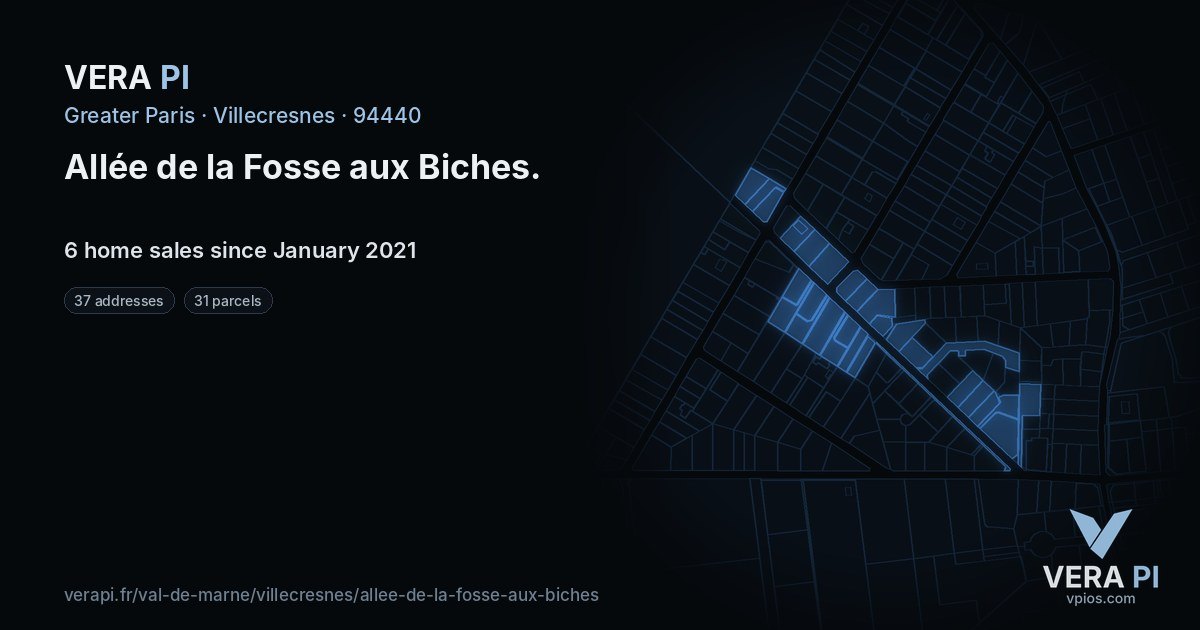 Allée de la Fosse aux Biches, Villecresnes at night – every parcel coloured by the prices around it, the street's own parcels lit